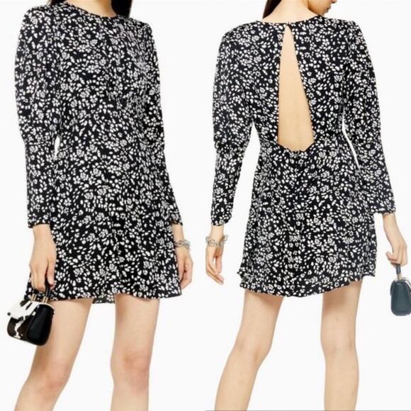Topshop Austin Black Floral Mini Dress Bishop Sleeve Open Back
 size 6 - Picture 2 of 16